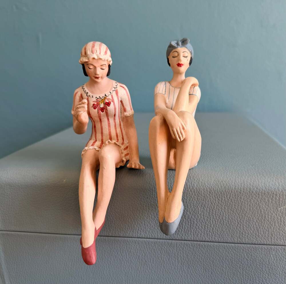 Vintage 1920s Style Bathing Beauty Shelf Sitters Pair 6" Retro Striped Swimsuit